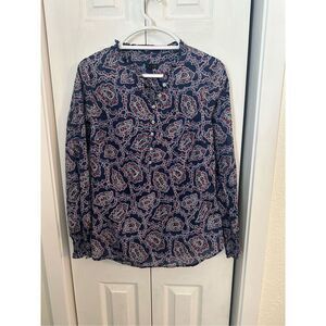 Talbots Women's Paisley Half Button Semi Sheer Blouse Top Navy Blue Size Large